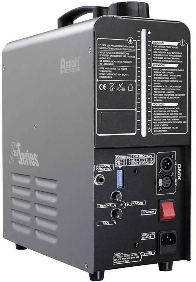 Maszyna mgielna Antari, model Z-350, sfotografowana od tyłu. Widoczne są złącza, panel sterowania oraz informacje o produkcie.