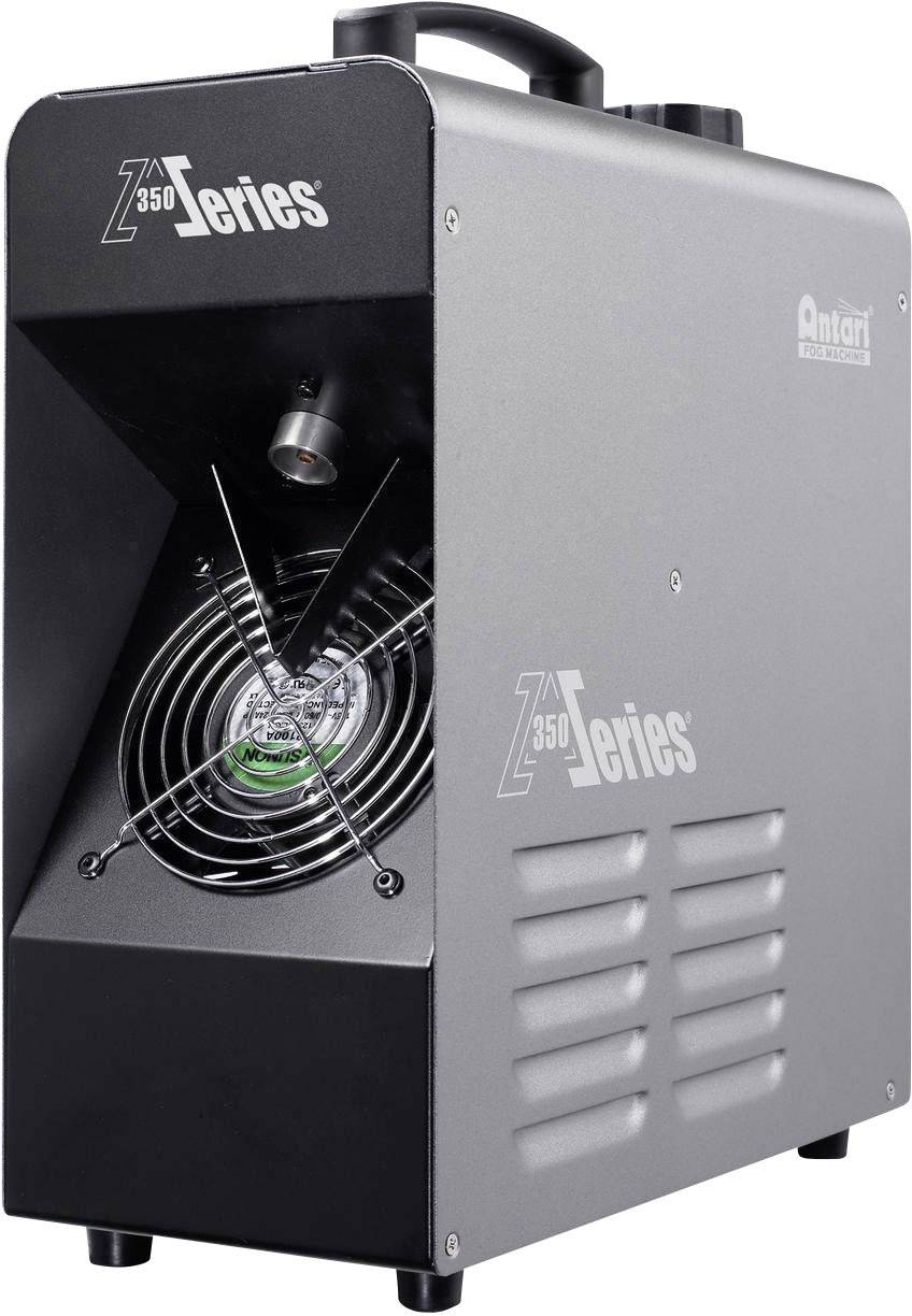 Maszyna mgłowa marki 'Z 350', z wentylatorem z przodu i uchwytem na górze, używana do efektów scenicznych i wydarzeń.