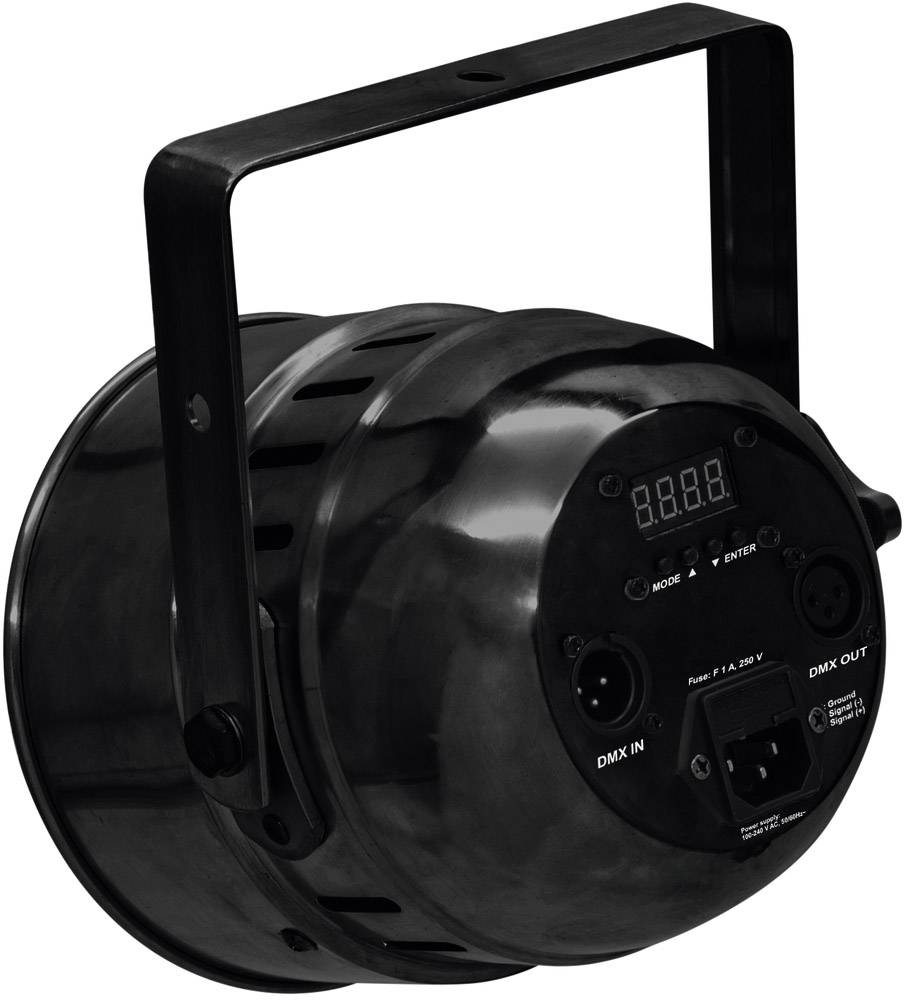 Czarny reflektor LED z wyświetlaczem cyfrowym i złączami, przeznaczony do oświetlenia scenicznego i techniki estradowej.