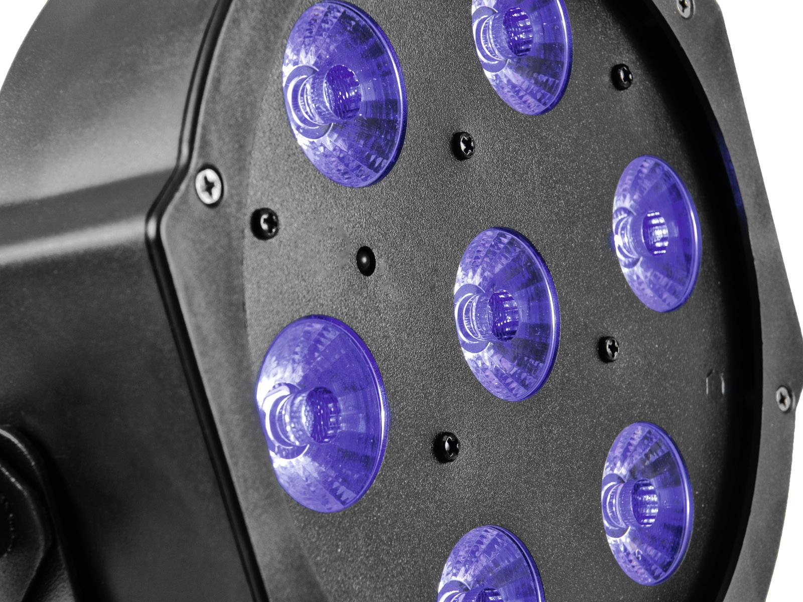 Czarna sceniczna lampa LED z siedmioma niebieskimi światłami, odpowiednia do oświetlenia scenicznego lub imprez.