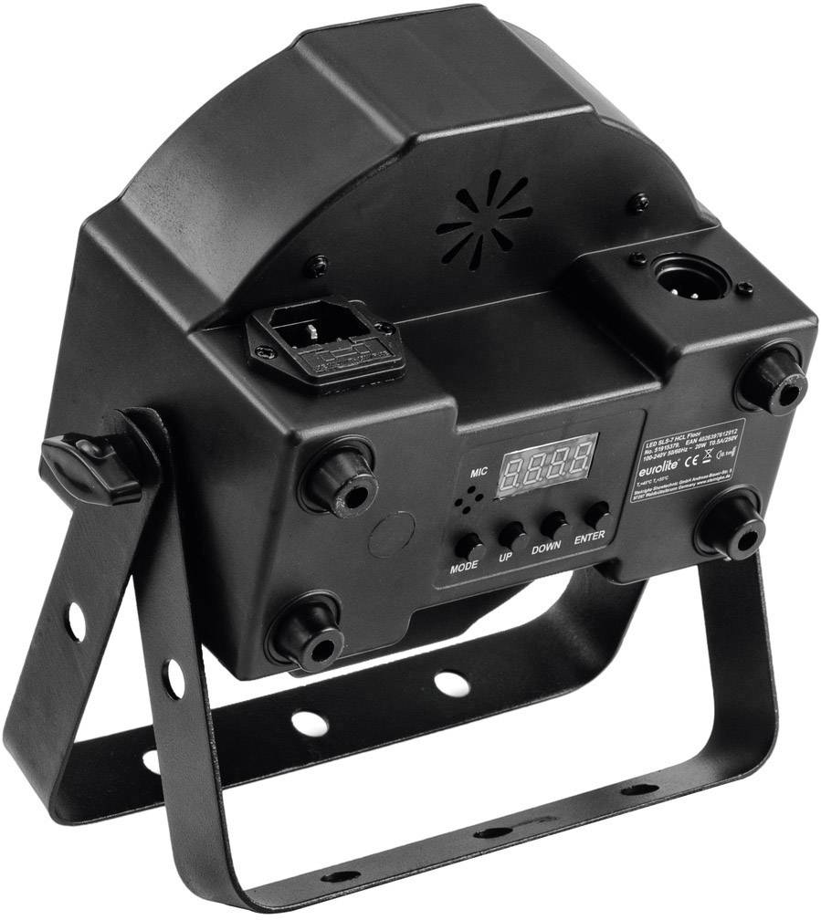 Czarny reflektor sceniczny ze stojakiem i cyfrowym panelem sterowania. Wyposażony w złącza i elementy sterujące do kontroli efektów świetlnych.