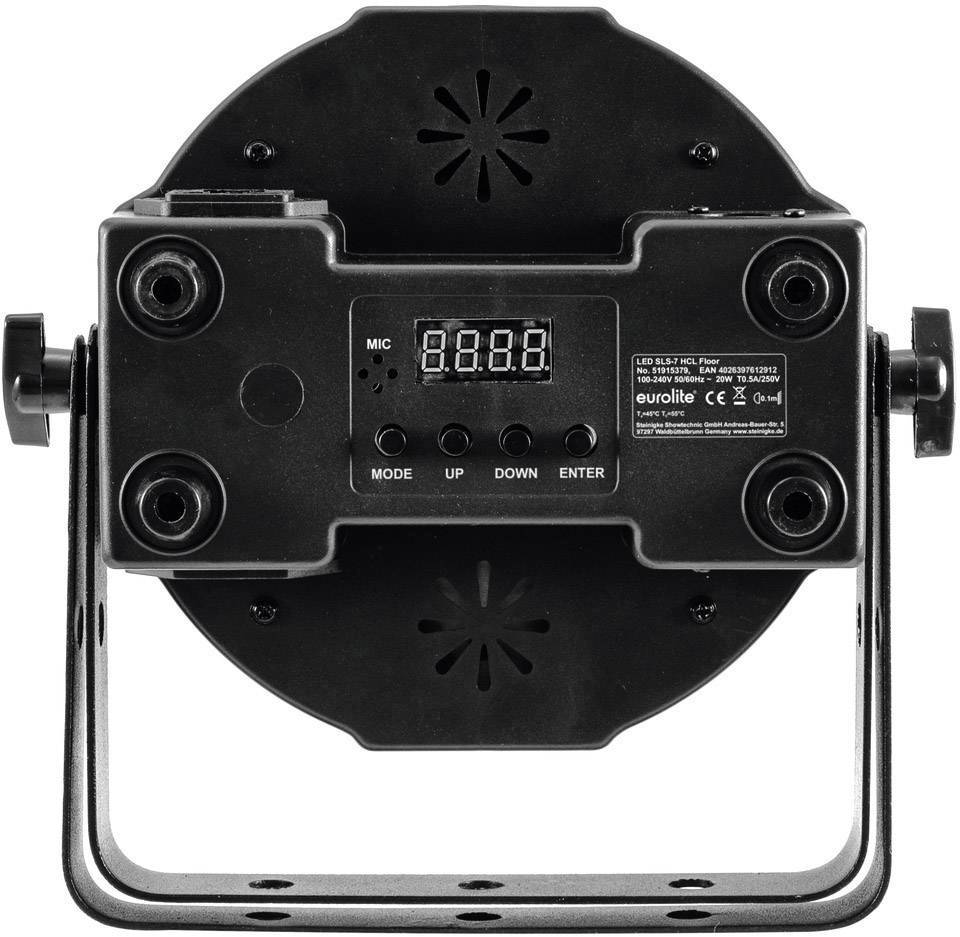 Czarna lampa stroboskopowa LED z wyświetlaczem i przyciskami sterującymi na tylnej obudowie. Widoczna nazwa marki oraz informacje techniczne.