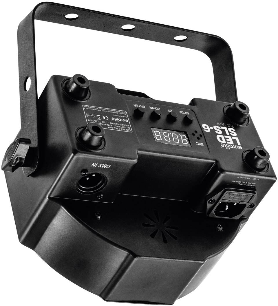 Czarna lampa sceniczna z wyświetlaczem LED i wieloma przyciskami, przeznaczona do oświetlenia scenicznego, wyposażona w złącza do sterowania DMX.