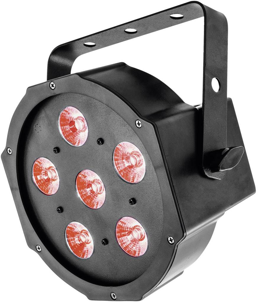 Czarny reflektor LED z sześcioma czerwonymi diodami, odpowiedni do oświetlenia scenicznego lub imprez, z regulowanym uchwytem mocującym.