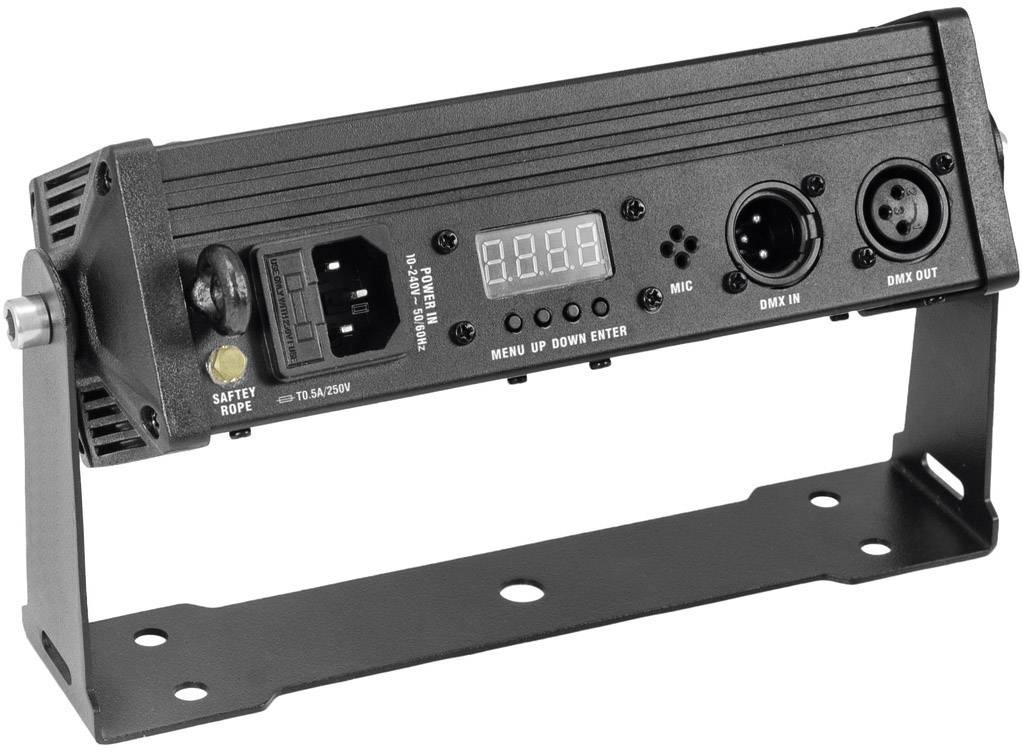 'Tylna strona lampy scenicznej z elementami sterującymi: złącze zasilania, gniazdo mikrofonowe, wejścia i wyjścia DMX, wskaźnik LED oraz przyciski menu.'