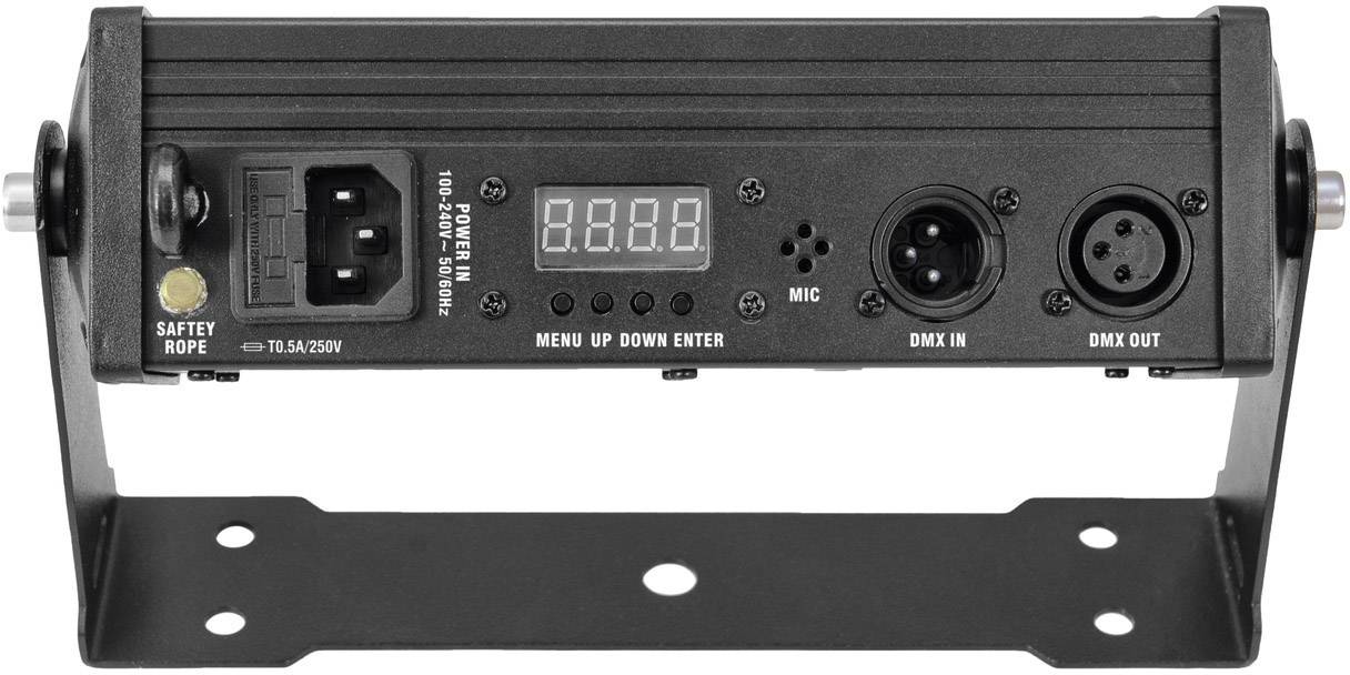 Czarny kontroler oświetlenia z wyświetlaczem cyfrowym, złączami wejścia i wyjścia DMX oraz wejściem mikrofonowym.
