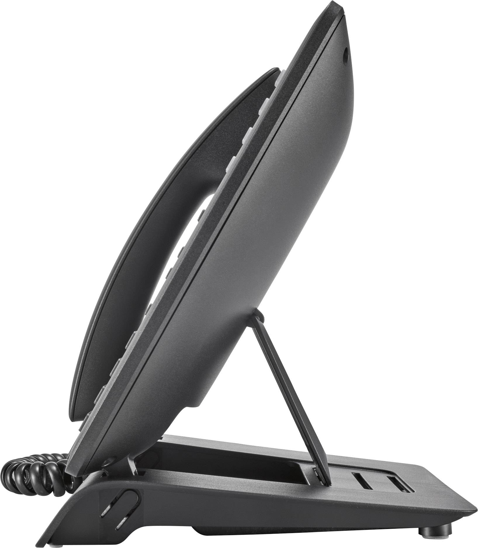 Czarny telefon stacjonarny widziany z boku. Urządzenie stoi na stole z uniesioną słuchawką.