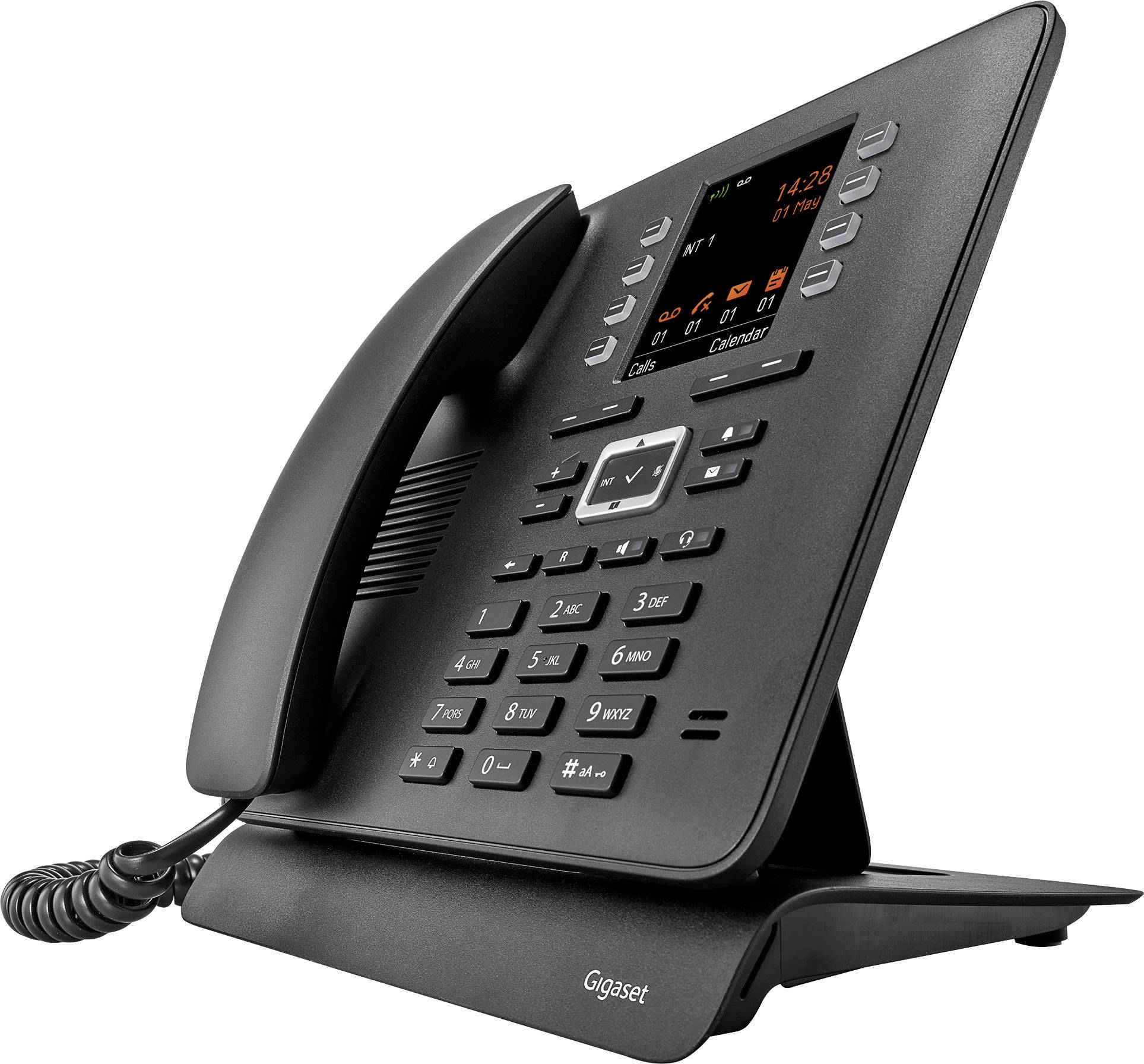 Czarny telefon stacjonarny z podświetlonym wyświetlaczem, klawiaturą do wybierania numerów i funkcji, wyświetlający datę i godzinę.