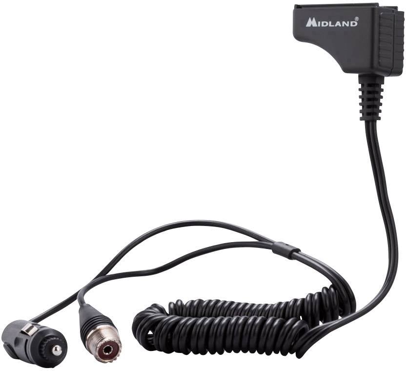 Czarny kabel spiralny z wtyczkami i etykietą 'Midland', przeznaczony do urządzeń audio lub radiostacji, prezentujący możliwości podłączenia.