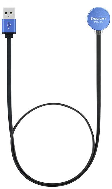 Kabel USB z niebieskim adapterem, symbol USB po lewej stronie, prawy złącz do ładowarki magnetycznej Olight.