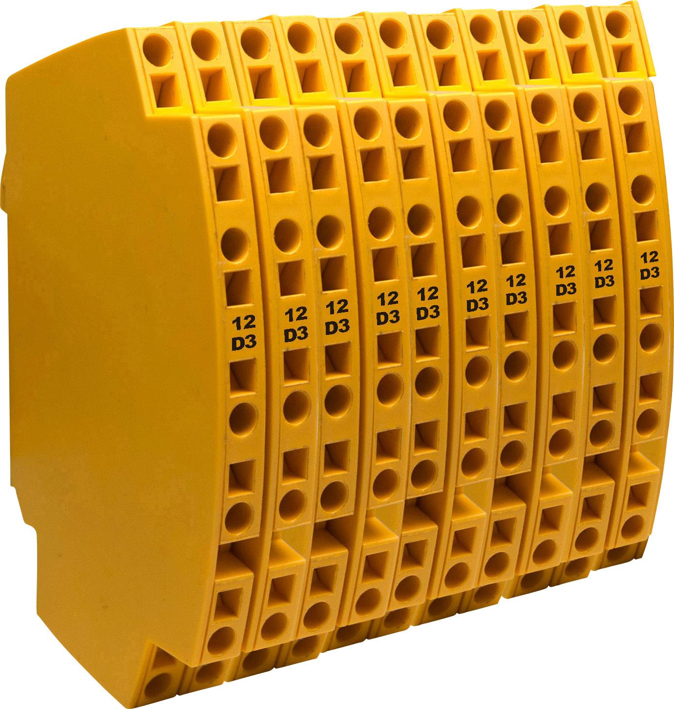 'Żółty elektryczny złącz wielostykowy, oznaczony numerem 12 D3, odpowiedni do stosowania w rozdzielniach elektrycznych lub instalacjach przewodowych.'