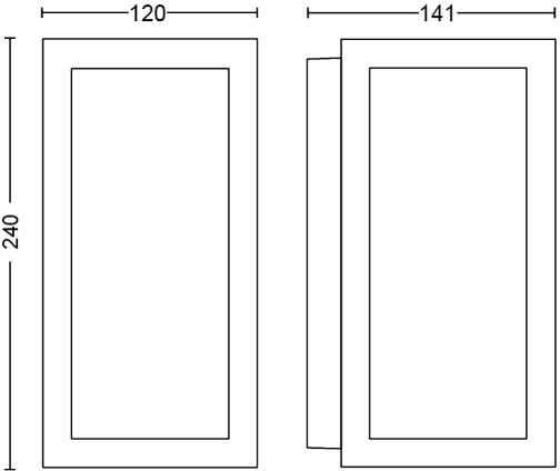 Rysunek techniczny dwóch prostokątnych okien w różnych widokach. Wymiary: 240 cm wysokości, 120 cm szerokości, 141 cm głębokości.