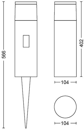 Wymiary lampy cylindrycznej z mocowaniem gruntowym: wysokość 566 mm łącznie z mocowaniem, średnica 104 mm, wysokość korpusu 402 mm.