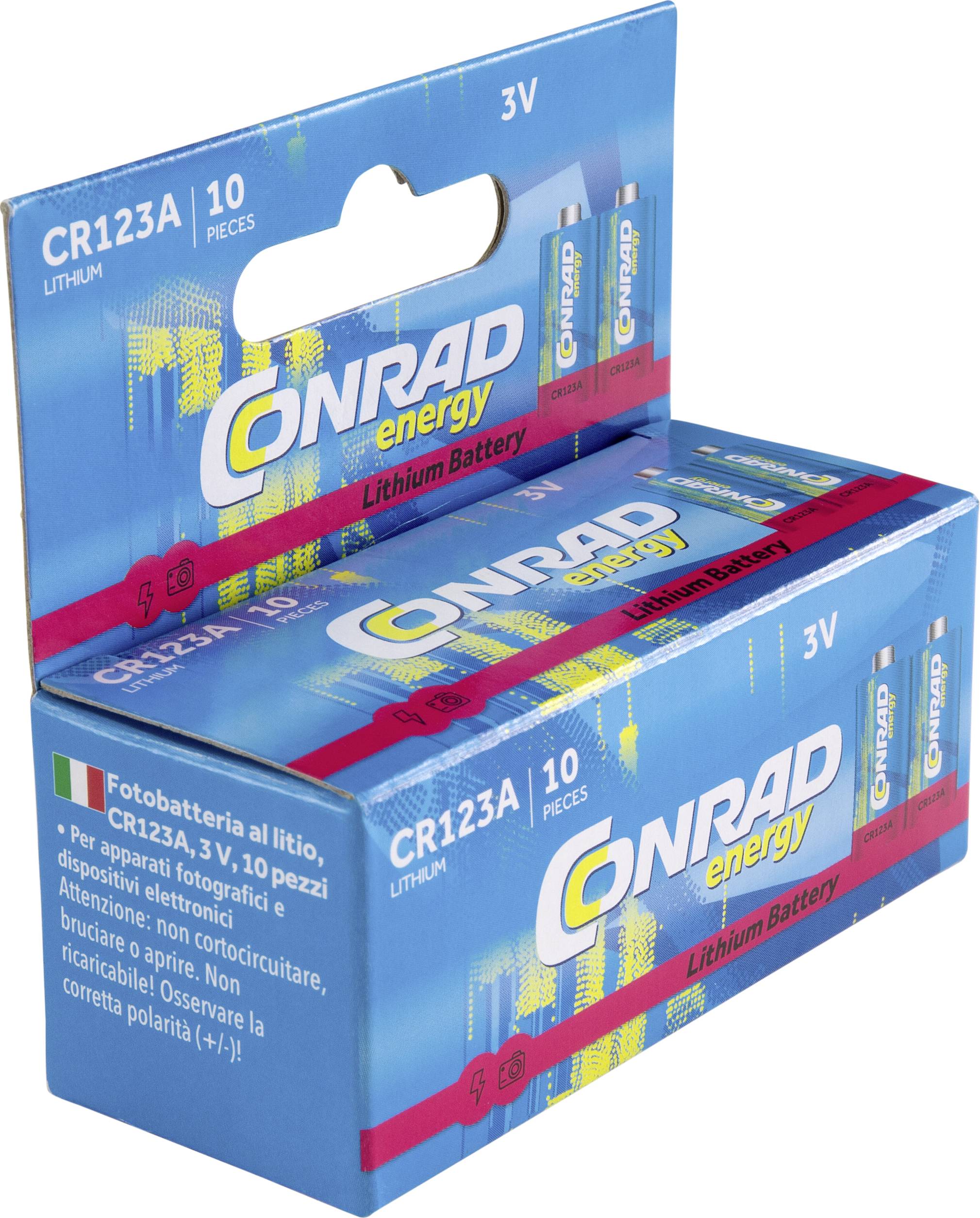 Pakiet baterii litowych 'CONRAD energy' z 10 bateriami CR123A, 3V. Zawiera fotograficzne wskazówki ostrzegawcze.