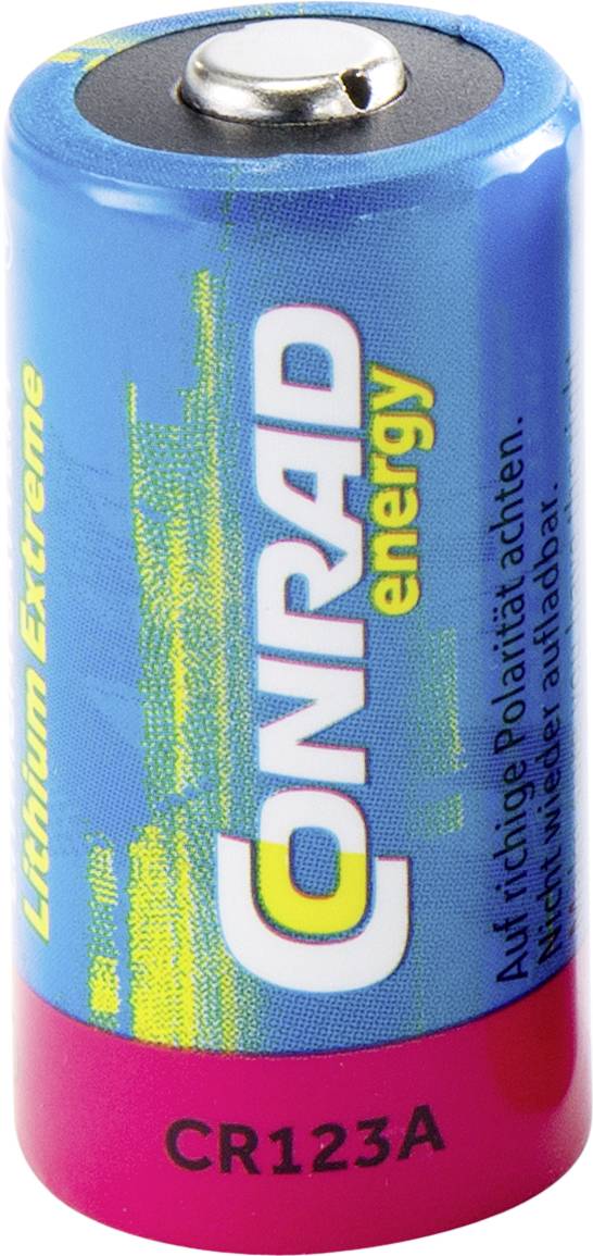 Bateria litowa CR123A, Conrad Energy, design niebiesko-żółty, tekst: Zwracać uwagę na prawidłową polaryzację. Nie ładować ponownie.
