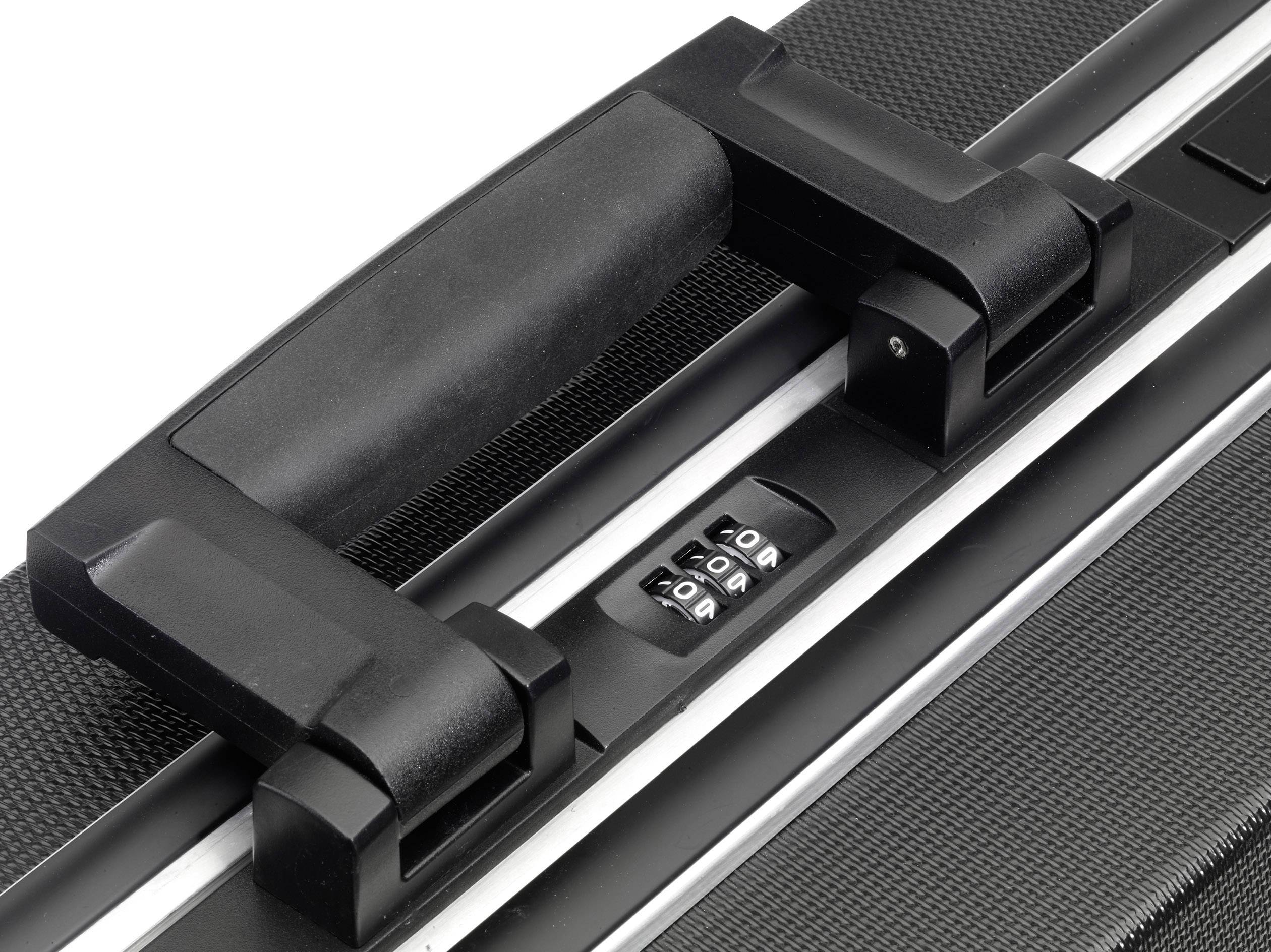 Czarny uchwyt walizki z zamkiem szyfrowym ustawiony na 000.