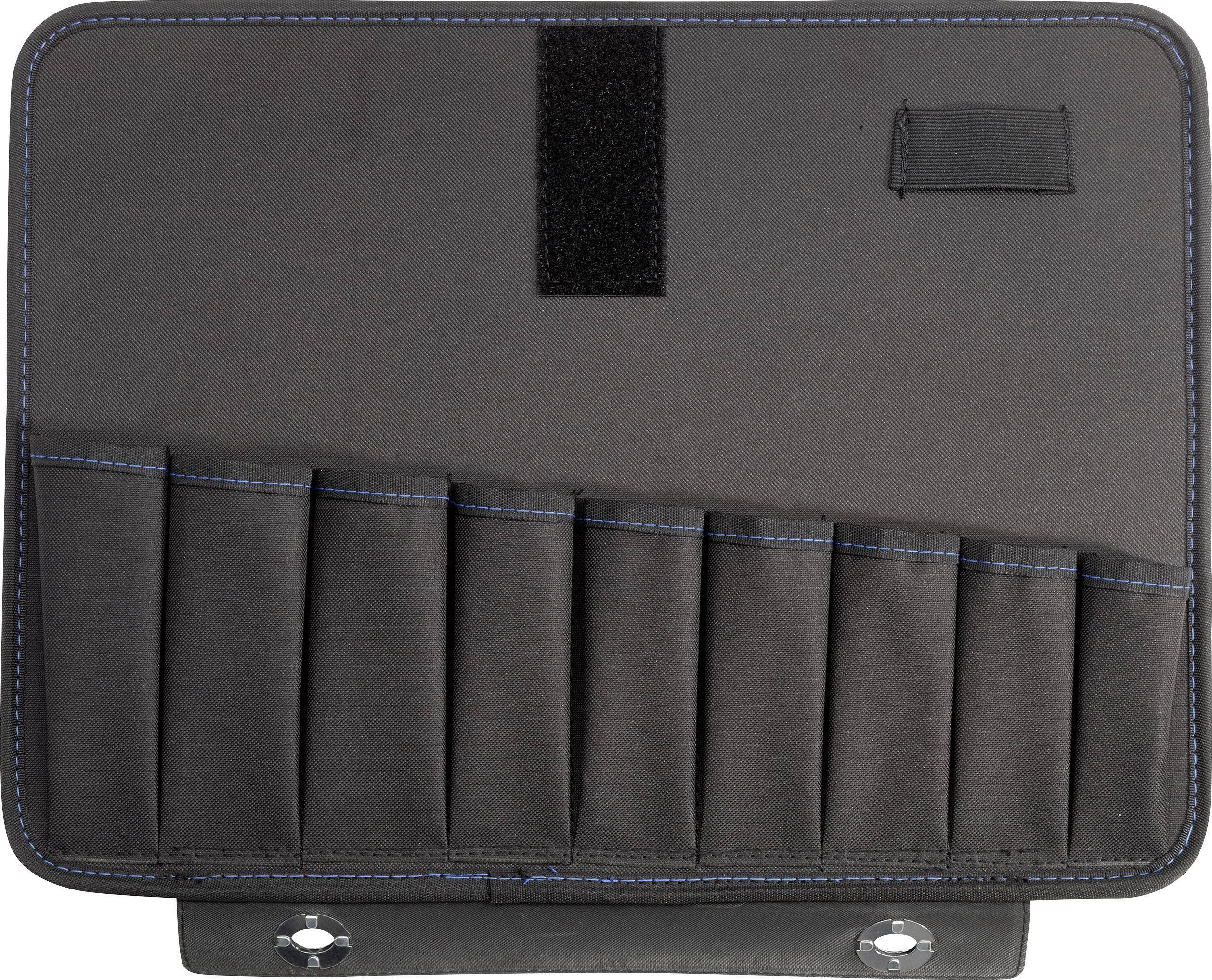 Czarna torba na narzędzia otwarta, z wieloma pionowymi przegrodami do przechowywania narzędzi. Jest pusta.