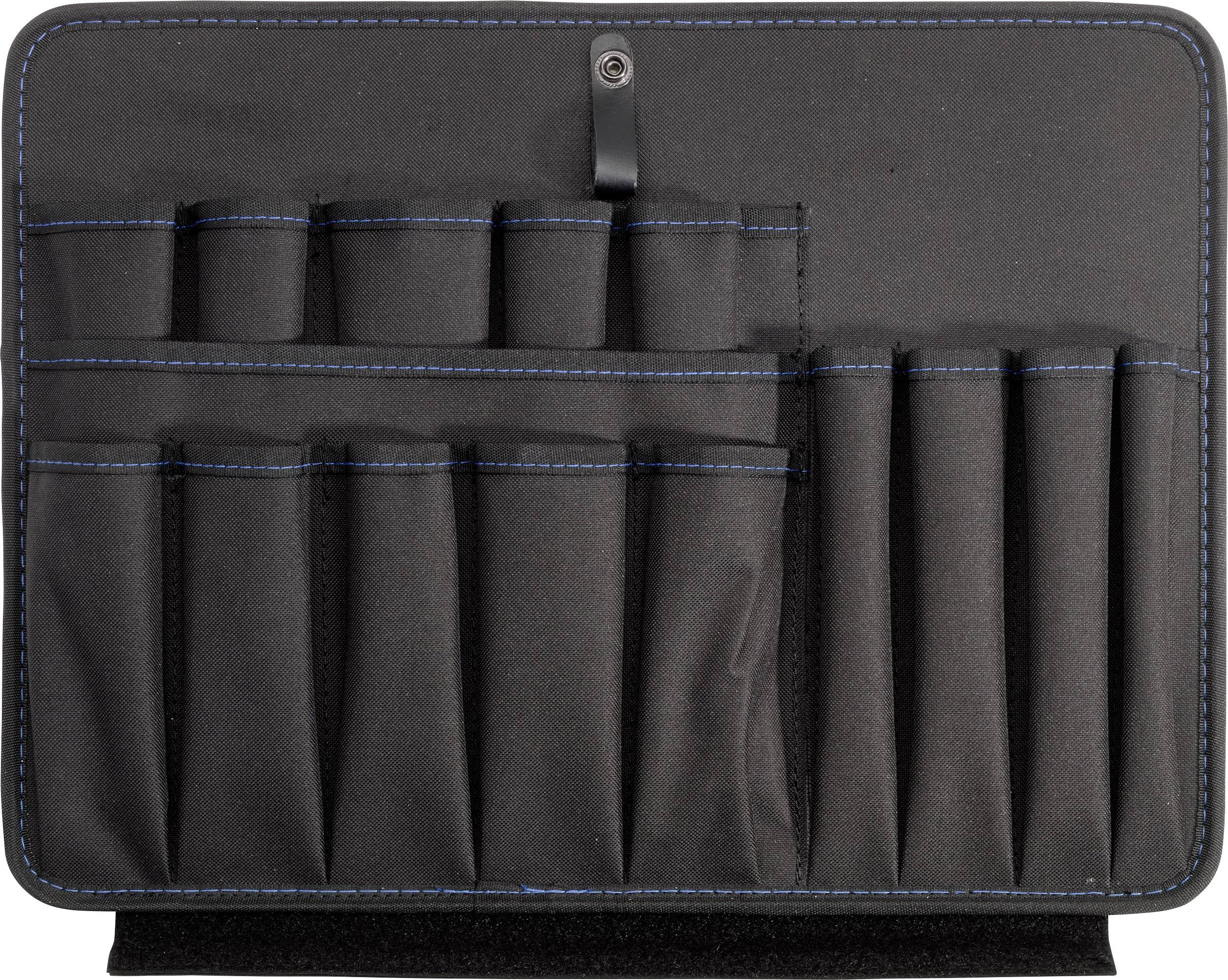 Czarna torba z wieloma komorami, w tym pięcioma wąskimi i czterema szerszymi, odpowiednia do organizacji narzędzi lub akcesoriów.