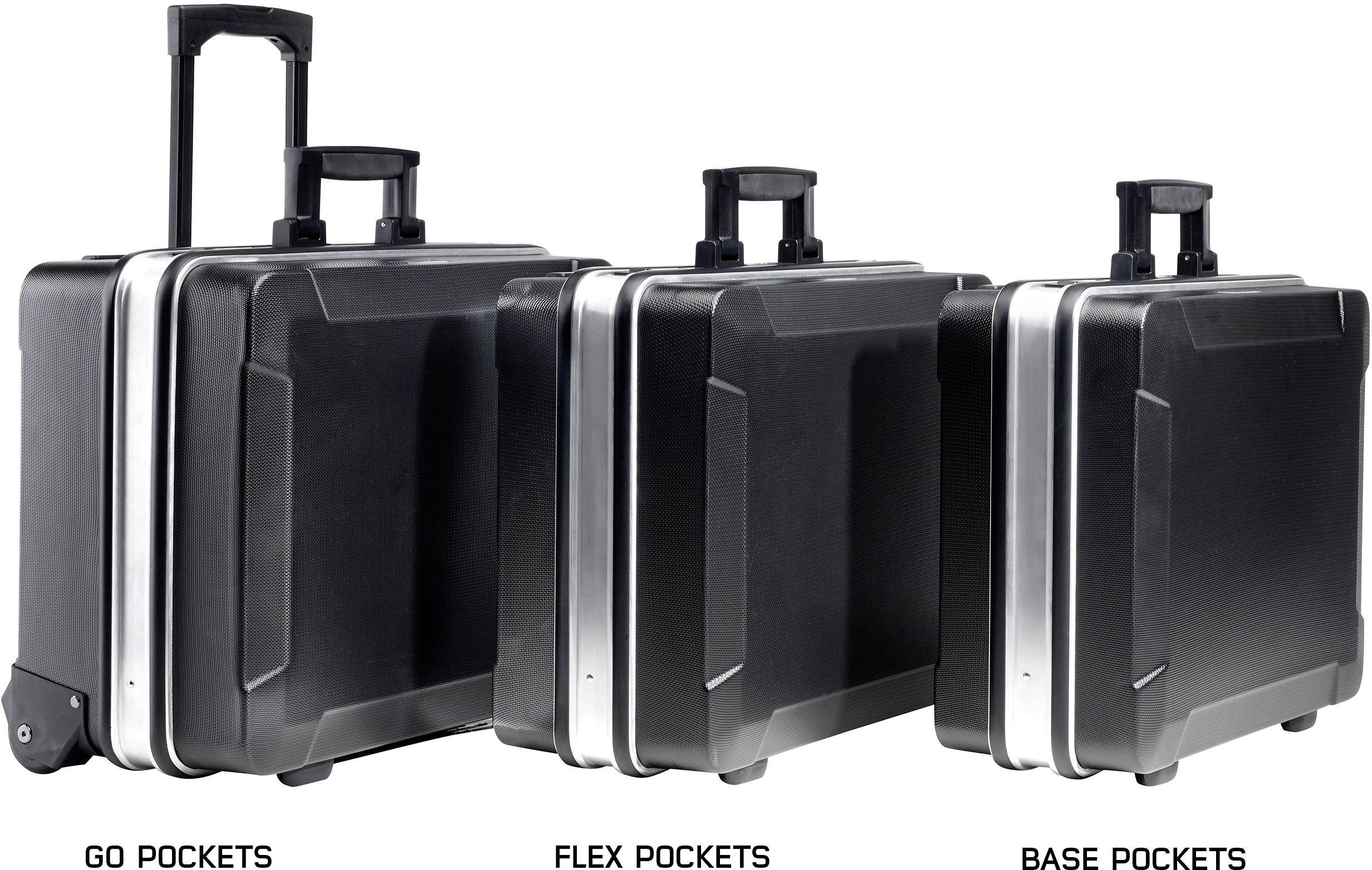 'Trzy czarne walizki twarde w różnych rozmiarach: GO POCKETS, FLEX POCKETS oraz BASE POCKETS, ustawione obok siebie.'