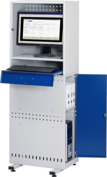 Szara metalowa szafka z otwartą przegrodą zawiera monitor komputerowy i klawiaturę. Poniżej znajdują się zamknięte przegrody.