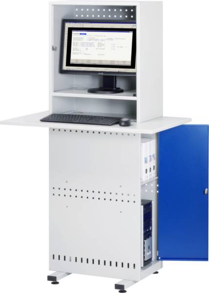 Biała szafa komputerowa z otwartą przegrodą, monitorem i klawiaturą. Na dole niebieskie drzwiczki, za którymi znajduje się miejsce na akcesoria komputerowe.