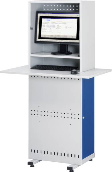 Biały stojący szafka z wbudowanym monitorem komputerowym i klawiaturą, przeznaczona do wprowadzania danych lub wyświetlania informacji w środowiskach przemysłowych.