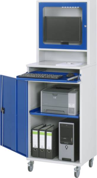 Biały mobilny stanowisk komputerowe z niebieską ramą. Na górze monitor, poniżej klawiatura i mysz. Szafka na dole z drukarką i segregatorami.