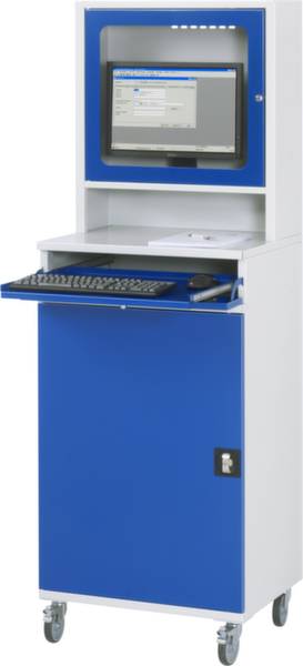 Niebieski wózek komputerowy z wbudowanym monitorem, wysuwną klawiaturą i przestrzenią magazynową, idealny do zastosowań przemysłowych.