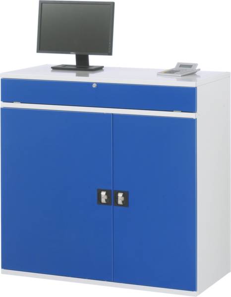 Niebieski szafka z monitorem komputerowym i telefonem na powierzchni.