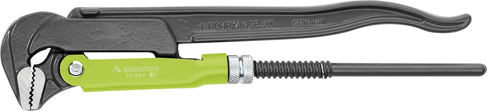 Regulowany klucz do rur z zielonym uchwytem, odpowiedni do trzymania i obracania rur lub okrągłych elementów.
