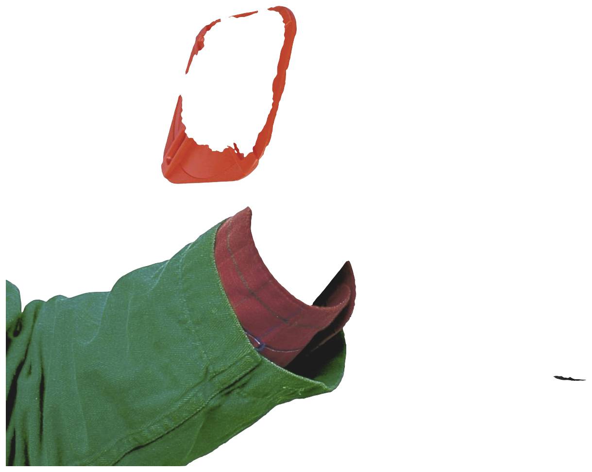 Zielony rękaw z czerwoną podszewką, zapisany na białym tle, częściowo zasłonięty niekompletnym czerwonym kwadratem.