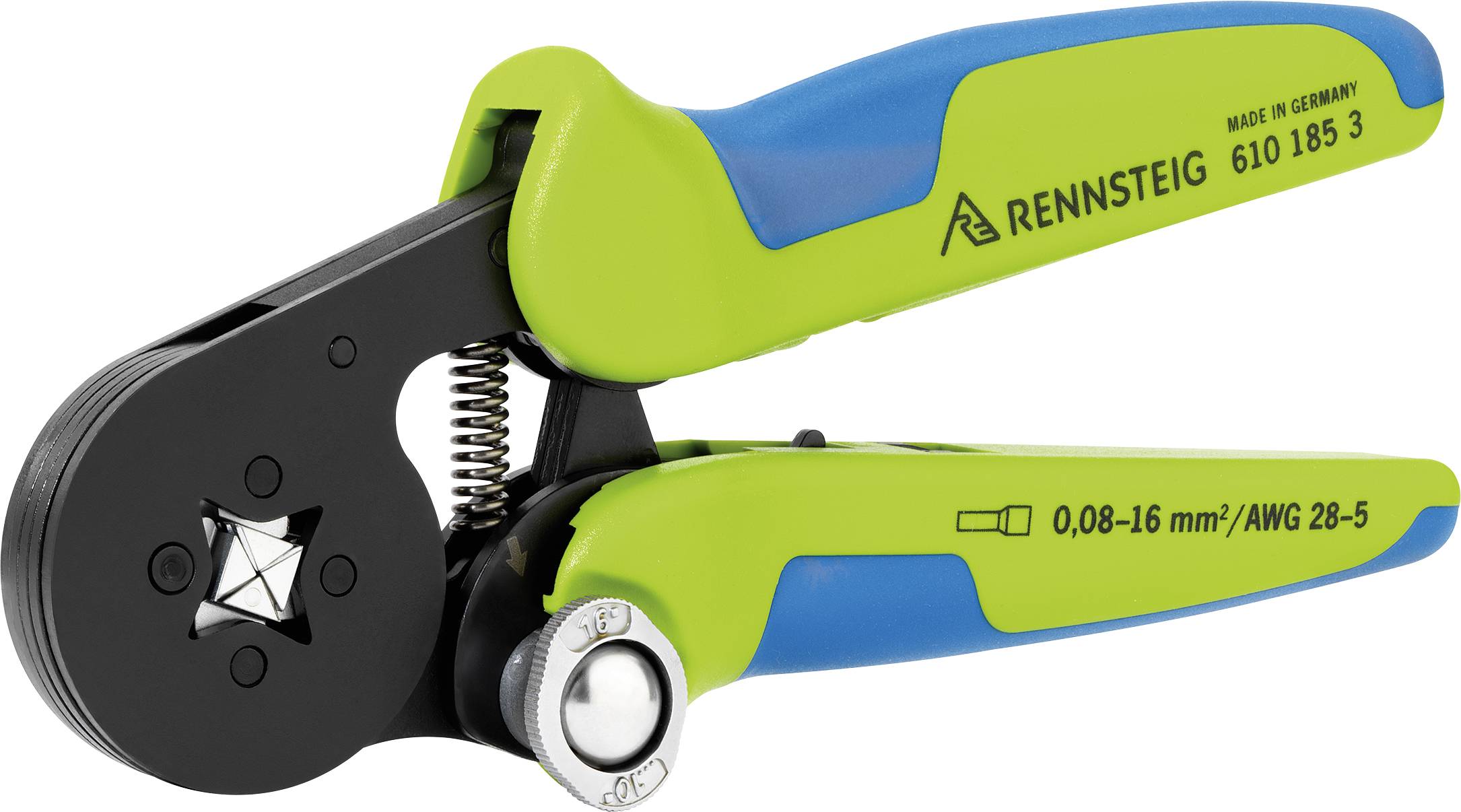 Szczypce zaciskowe z niebieskimi i zielonymi uchwytami, odpowiednie dla kabli o przekroju od 0,08 do 16 mm², z logo i napisami 'Rennsteig' oraz 'Made in Germany'.