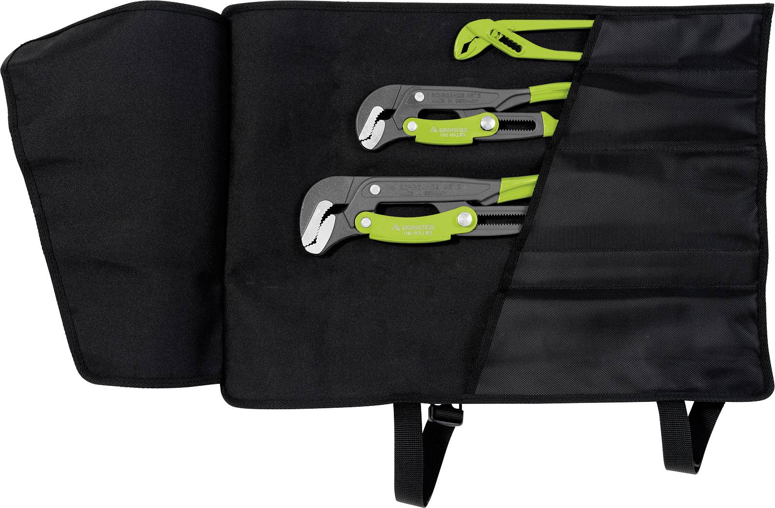 Dwie regulowane szczypce w czarnej torbie narzędziowej z klapą i paskami zapinającymi.