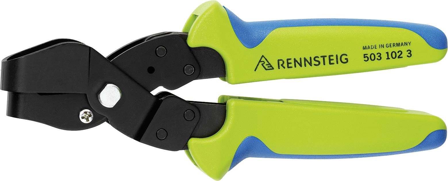Zielono-niebieskie szczypce do zaciskania firmy Rennsteig z czarną głowicą i napisem 'MADE IN GERMANY 503 102 3' na uchwycie.