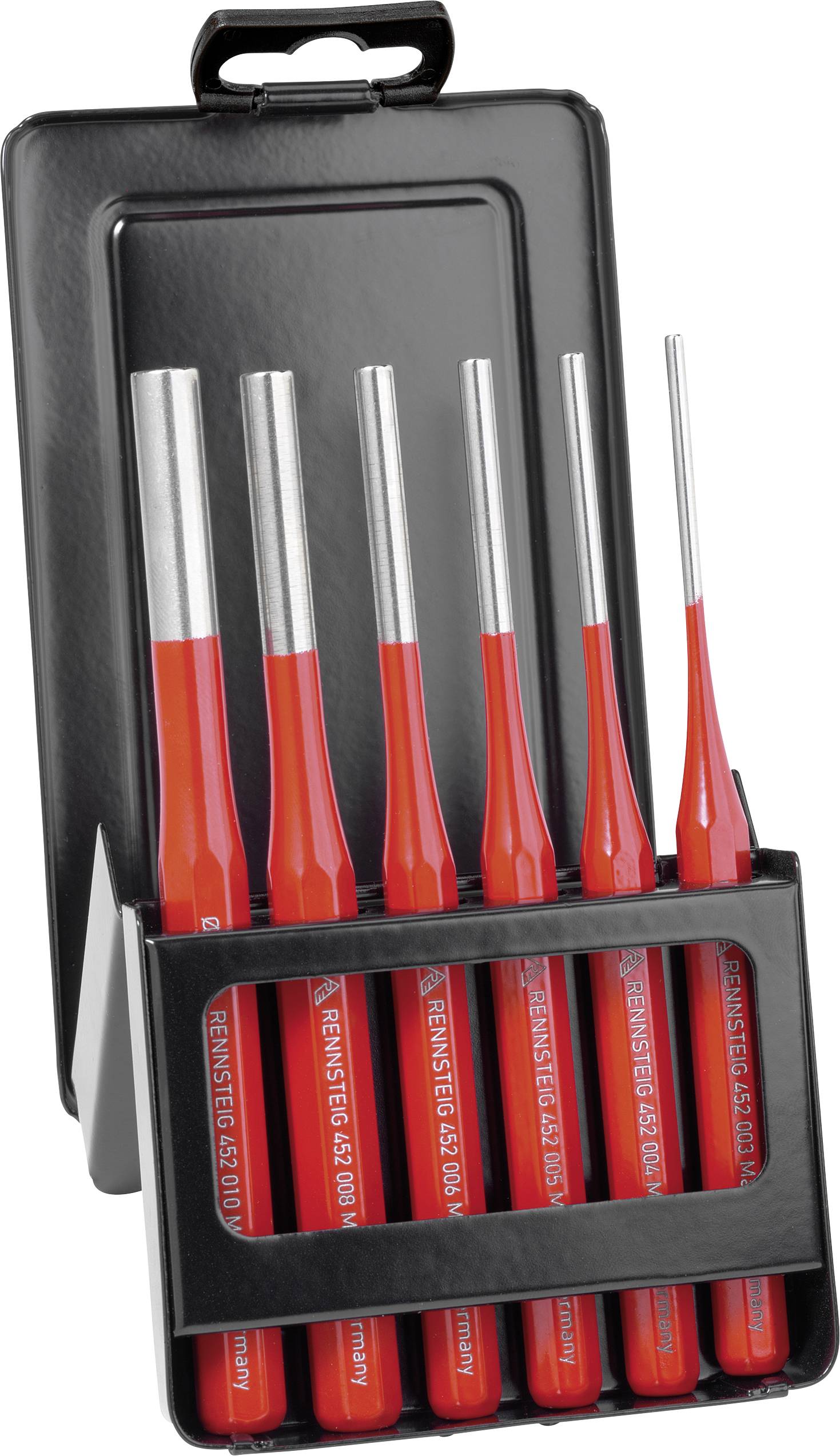 Zestaw sześciu czerwonych ziarenek z srebrnymi czubkami w czarnym pudełku z tworzywa sztucznego.