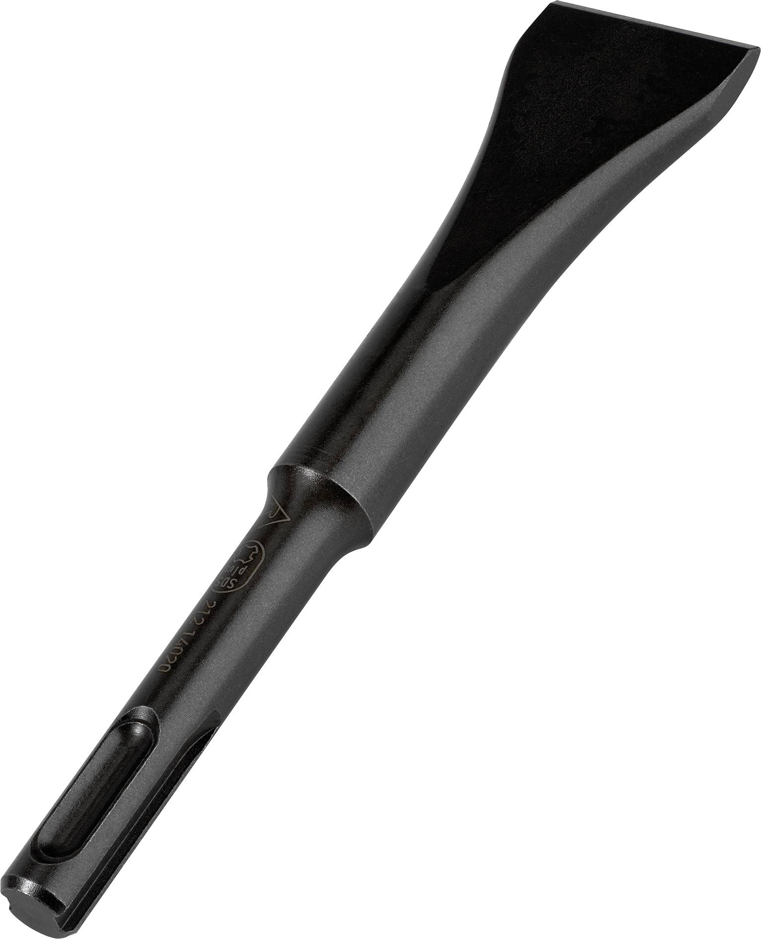 Płaskie narzędzie rzeźbiarskie wykonane z metalu, odpowiednie do prac rozbiórkowych i remontowych, z cylindrycznym trzonkiem.