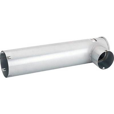 Srebrny, metaliczny kanał wentylacyjny w kształcie litery T, składający się z głównego przewodu i bocznego odgałęzienia. Widoczne są miejsca połączeń.
