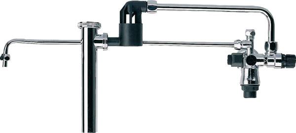 Metalowy kran z dwoma wylewkami. Jedna jest długa i zagięta, druga krótsza. Odpowiedni do kuchni lub środowiska laboratoryjnego.