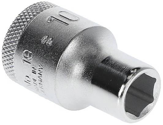 Srebrny klucz nasadowy z sześciokątnym chwytem, oznaczony cyfrą '10'. Narzędzie do prac mechanicznych.