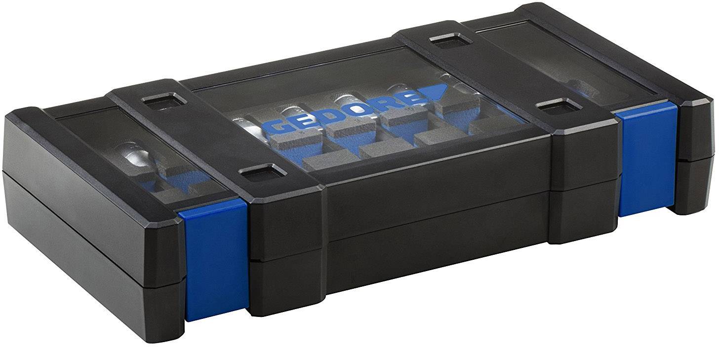 Czarne etui na narzędzia z przezroczystą pokrywą, niebieskim akcentem i widoczną na wierzchu nazwą marki 'GEDORE'.