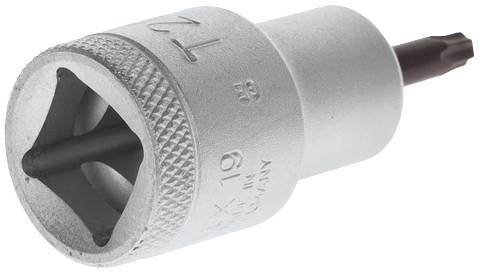 Srebrny metalowy bit Torx T60 z prążkowaną powierzchnią zewnętrzną, przeznaczony do użycia z nasadkami klucza.