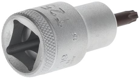 Metalowy adapter bitów z sześciokątnym zakończeniem i bitem krzyżakowym. Pokazany w zbliżeniu na białym tle.