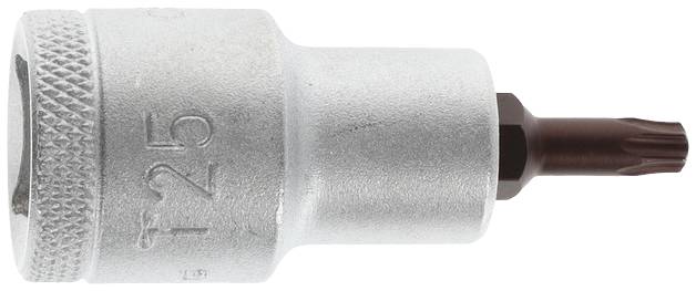 Srebrny metalowy nasadowy klucz Torx T25, ułożony poziomo, pokazuje wytłoczone oznaczenie rozmiaru i typu.