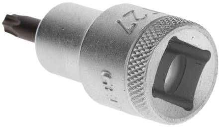 Srebrny metalowy adapter klucza T, przystosowany do zamocowania na kluczu do śrub.