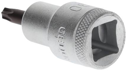 Srebrny klucz nasadowy z wkładką bitową z wygrawerowanym napisem, przeznaczony do użycia z wkrętakiem lub grzechotką.