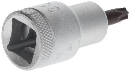 Srebrny adapter bitowy z czworokątnym mocowaniem i brązową wkładką, odpowiedni do użycia z narzędziami śrubującymi.