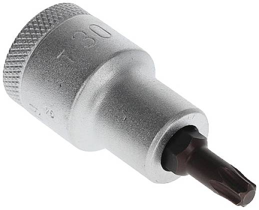 Końcówka (bit) Torx T30 ze stali, o cylindrycznym kształcie z żebrowaną krawędzią dla lepszego chwytu, odpowiednia do prac śrubowych.
