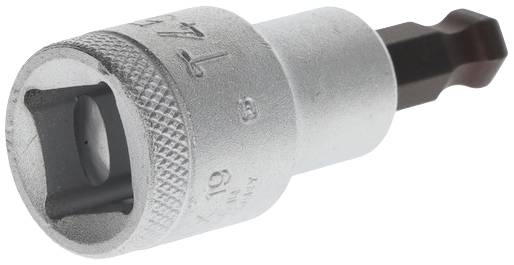 Adapter klucza nasadowego z gniazdem czworokątnym i trzpieniem sześciokątnym. Umożliwia połączenie końcówek wkrętakowych z różnymi narzędziami.