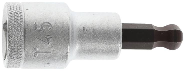 Bit z końcówką Torx T45, srebrna metalowa tuleja, czarny wkład.