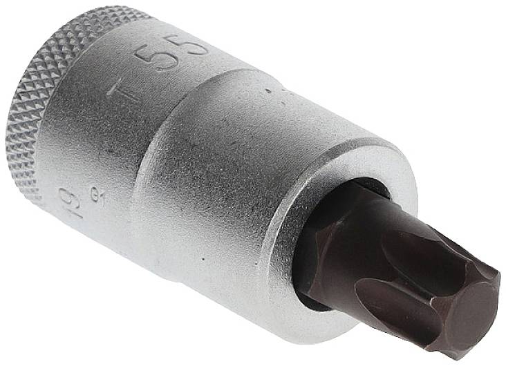 Metalowy bit Torx T55, używany do wkręcania lub odkręcania śrub sześciokątnych.